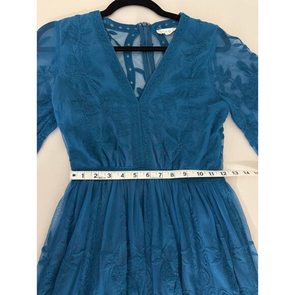 Altar'd State Dark Teal Blue Boho Lace Flutter Sleeve Short Mini Dress Small - Picture 5 of 9